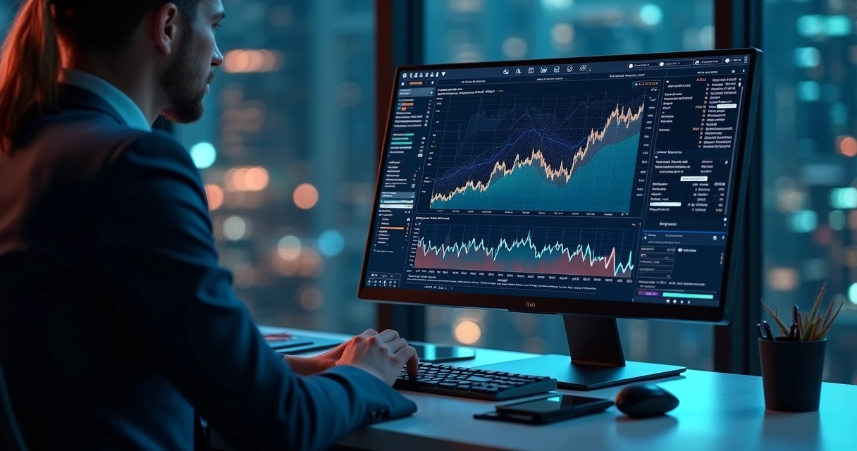 Computador exibindo gráficos financeiros e dados de risco em tela, com elementos digitais e códigos ao fundo 