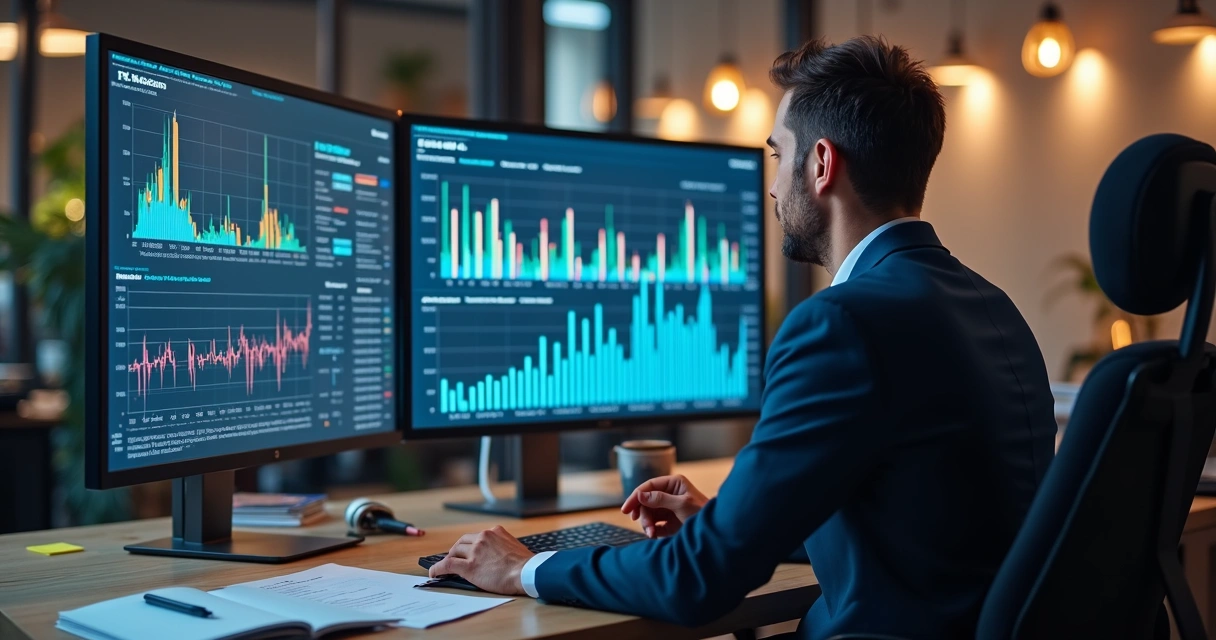Profissional analisando gráficos financeiros em tela 