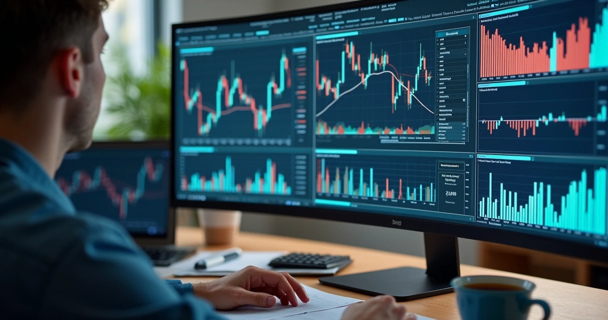 Pessoa analisando gráficos financeiros em tela de computador 