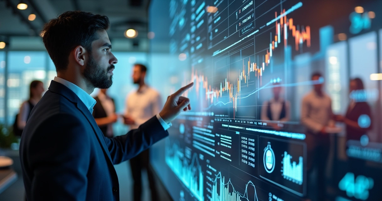 Executivo analisando gráficos financeiros em tela grande 