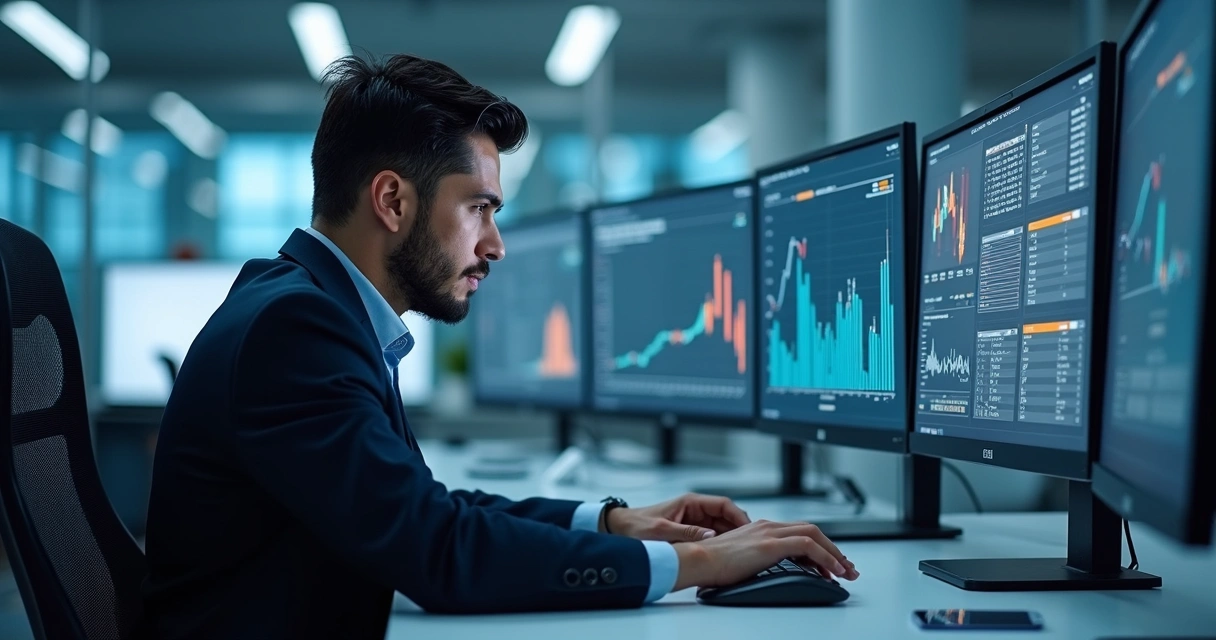 Profissional analisando dados financeiros em múltiplos computadores