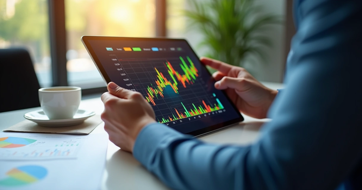 Gestor analisando gráficos de dados financeiros no tablet 