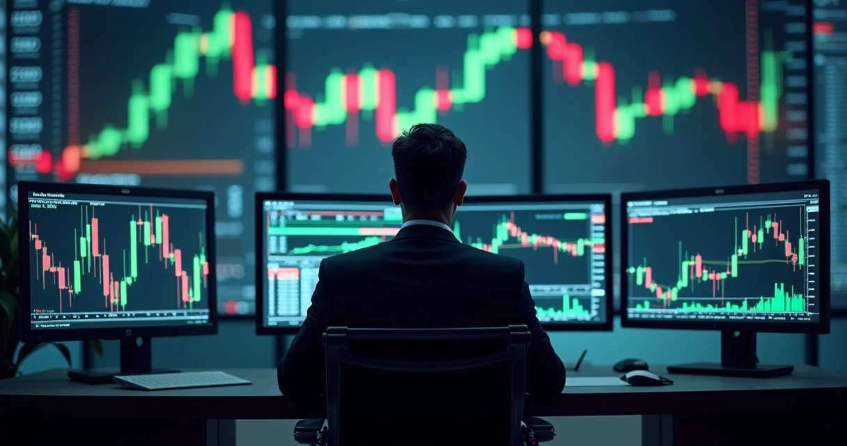 Profissional analisando gráficos de investimentos em várias telas 