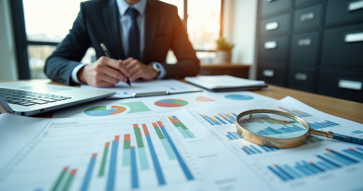 Profissional analisando planilhas fiscais e documentos financeiros sobre mesa