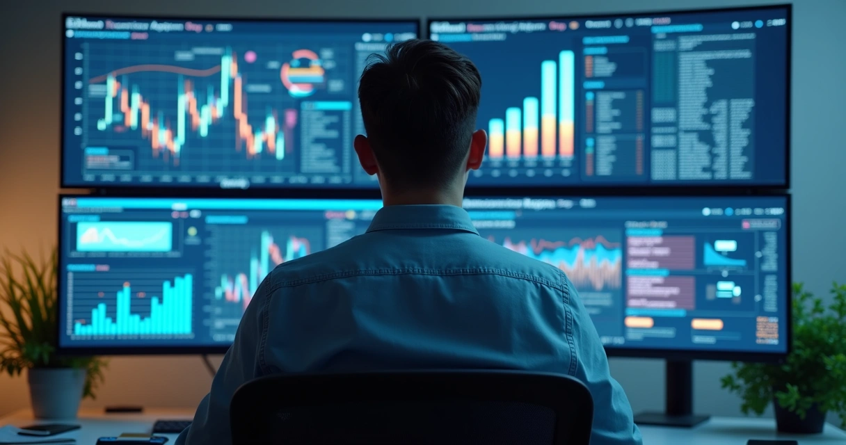 Analista fiscal diante de telas com gráficos e dados tributários 