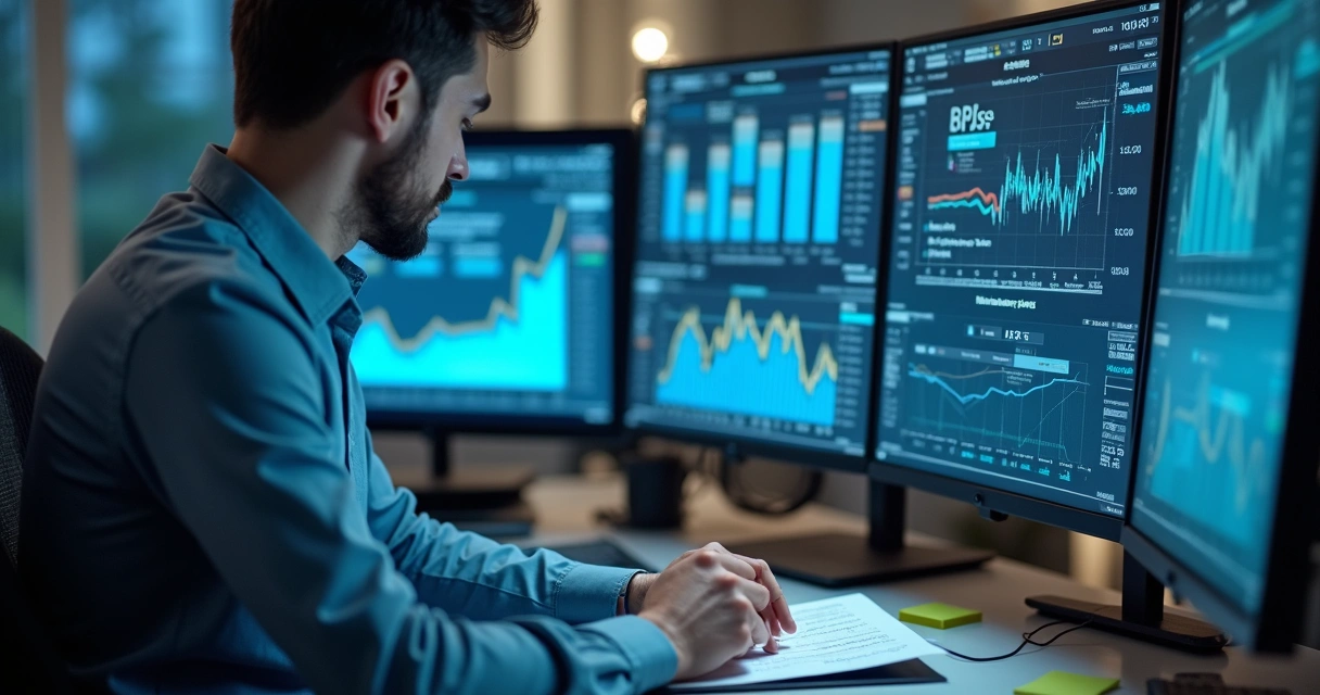 Profissional de contabilidade analisando dados fiscais em telas digitais criando estratégias de negociação