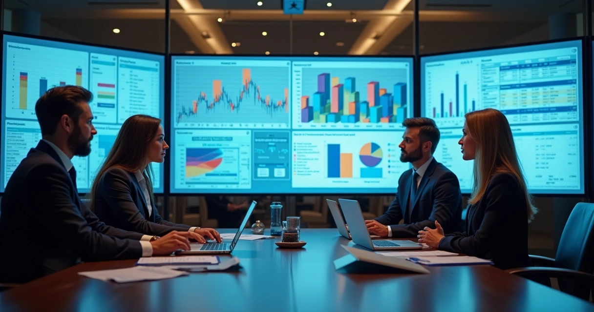 Equipe analisando gráficos e dados fiscais em telas grandes