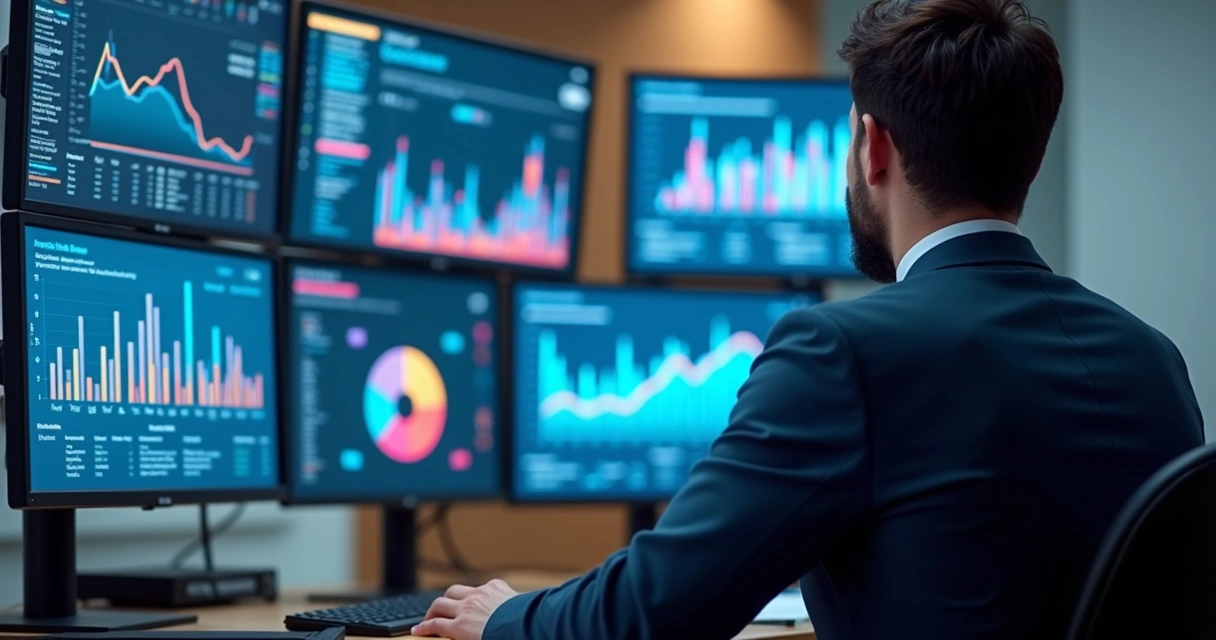 Profissional analisa vários monitores com gráficos fiscais em escritório