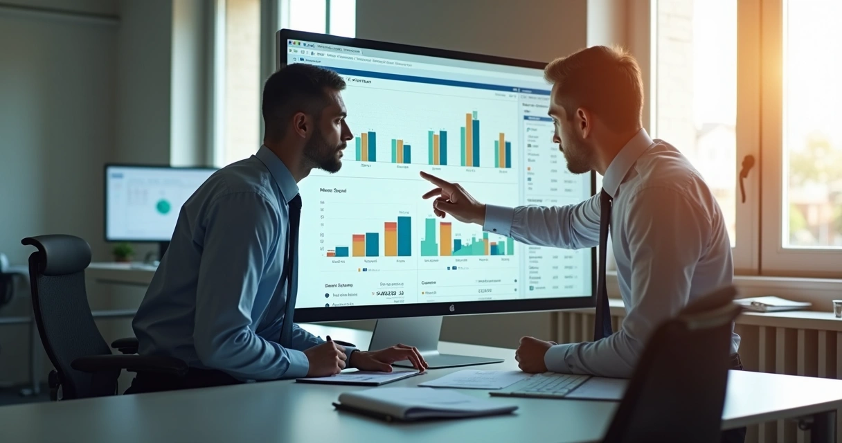 Profissional analisando gráficos fiscais em tela grande em escritório