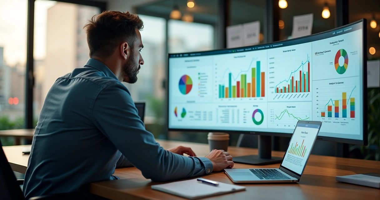 Gestor de pequena empresa analisando dados fiscais em painel digital 