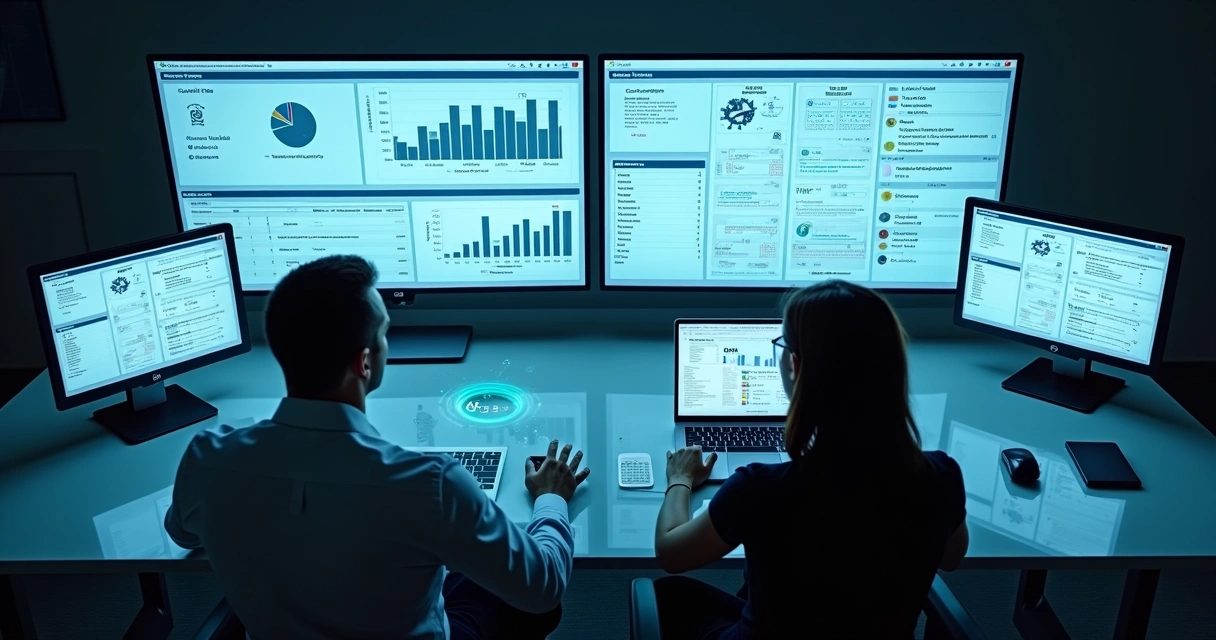Profissionais analisando diversos relatórios tributários digitais em múltiplos monitores 