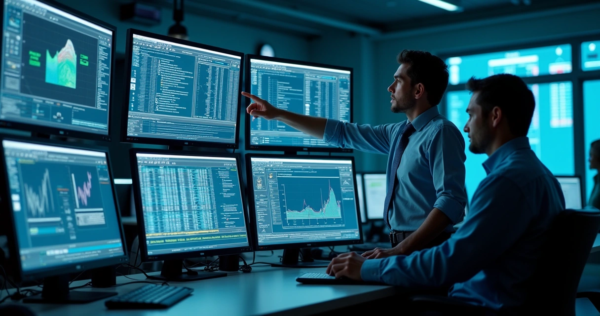 Telas exibem gráficos de análise forense e dados de logs, pessoa aponta para detalhe relevante 