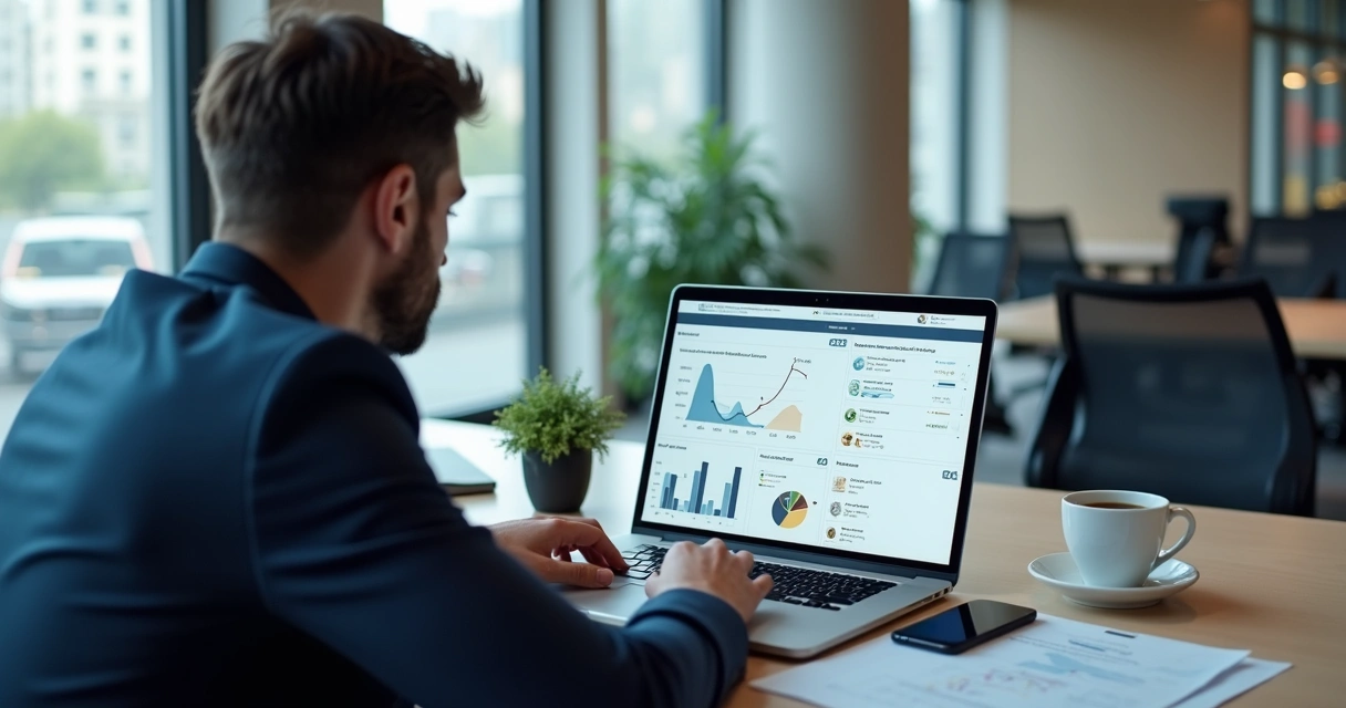Executivo analisando dados de fornecedores em notebook 