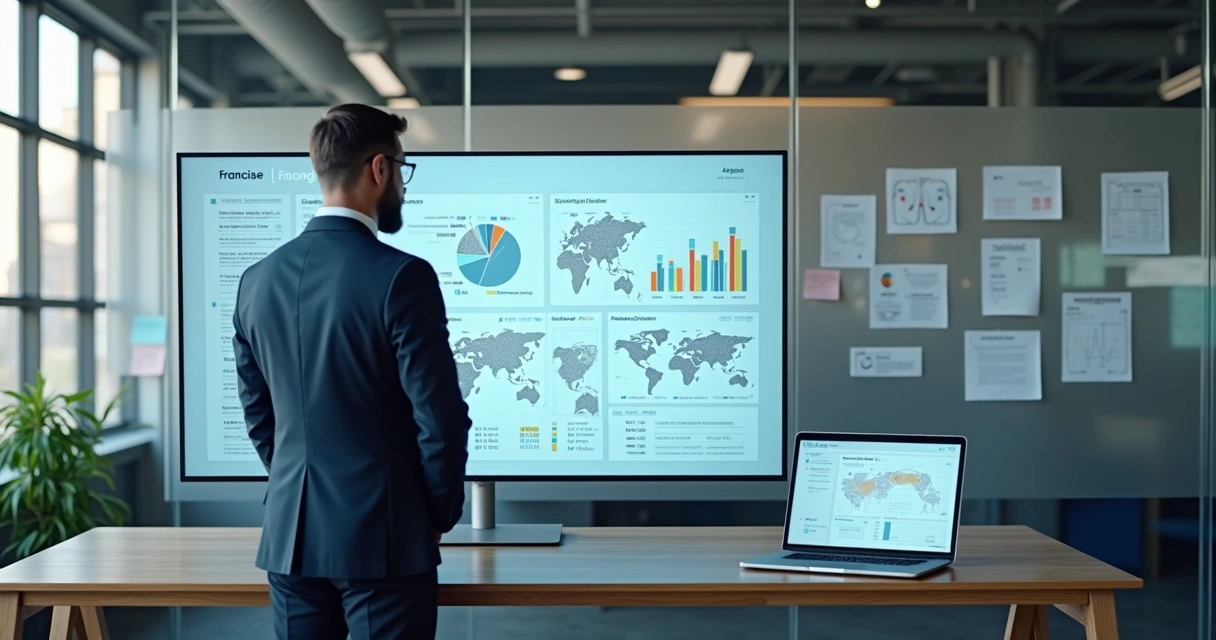 Gestor analisando painel de dados em operação de franquias 