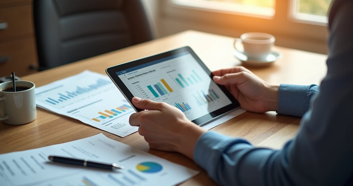 Pessoa analisando gráficos de fundos imobiliários em um tablet 