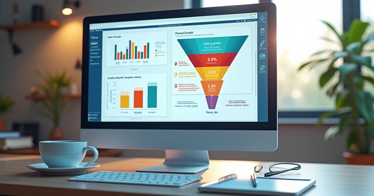 Gráfico de dados com funil de captação de alunos em tela de computador