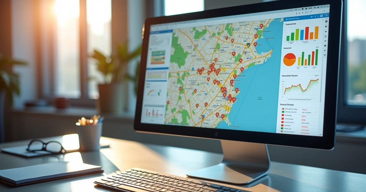 Mapa digital interativo com dados de localização e gráficos de análise em tela de computador 