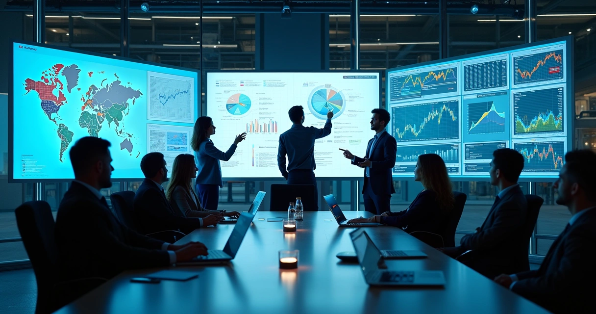 Profissionais em escritório, analisando gráficos e dados em vários monitores, foco em dashboards e planilhas digitais 