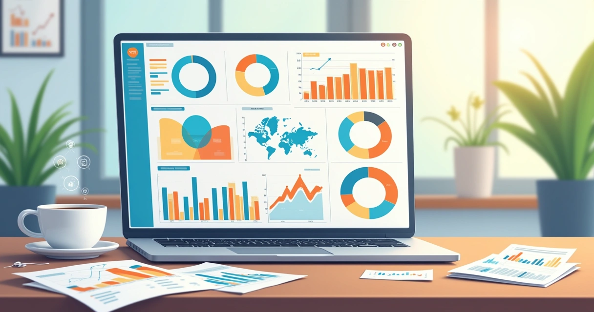 Gráficos coloridos de BI e dados contábeis em tela de notebook sobre mesa com papéis 