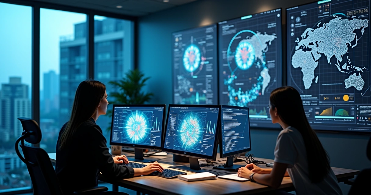 Profissionais realizando análise de dados com grandes volumes na nuvem. 