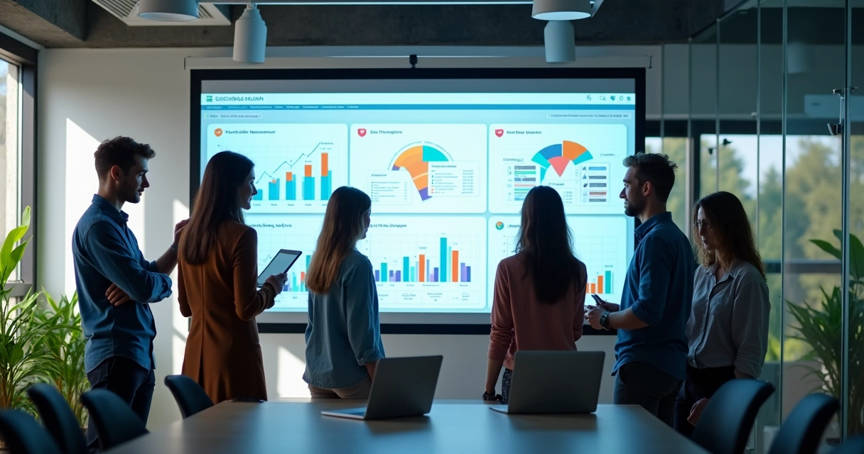 Equipe analisando gráficos em tela grande, ambiente moderno de escritório 