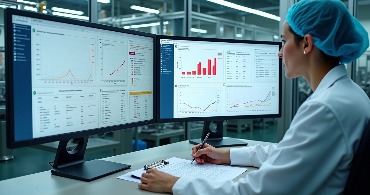 Gestor analisando gráficos de dados históricos em fábrica de alimentos 
