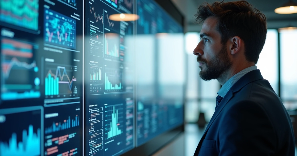 Profissional analisando dashboards de IA e dados de clientes 