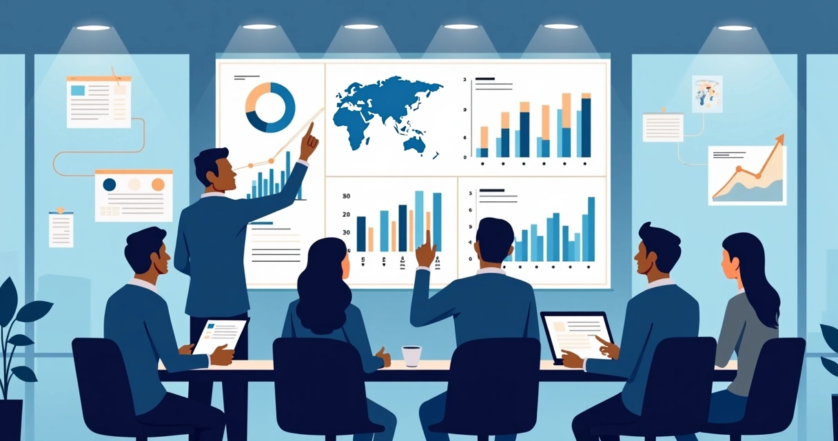 Equipe de negócios analisando relatórios digitais com IA 