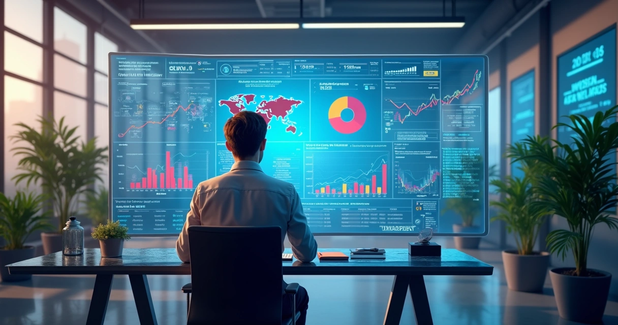 Analista observando painel digital de dados de IA em escritório moderno