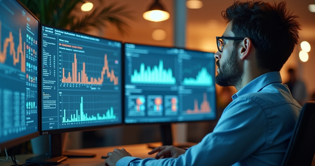 Profissional analisando dados de IA em monitores, gráficos e textos na tela 