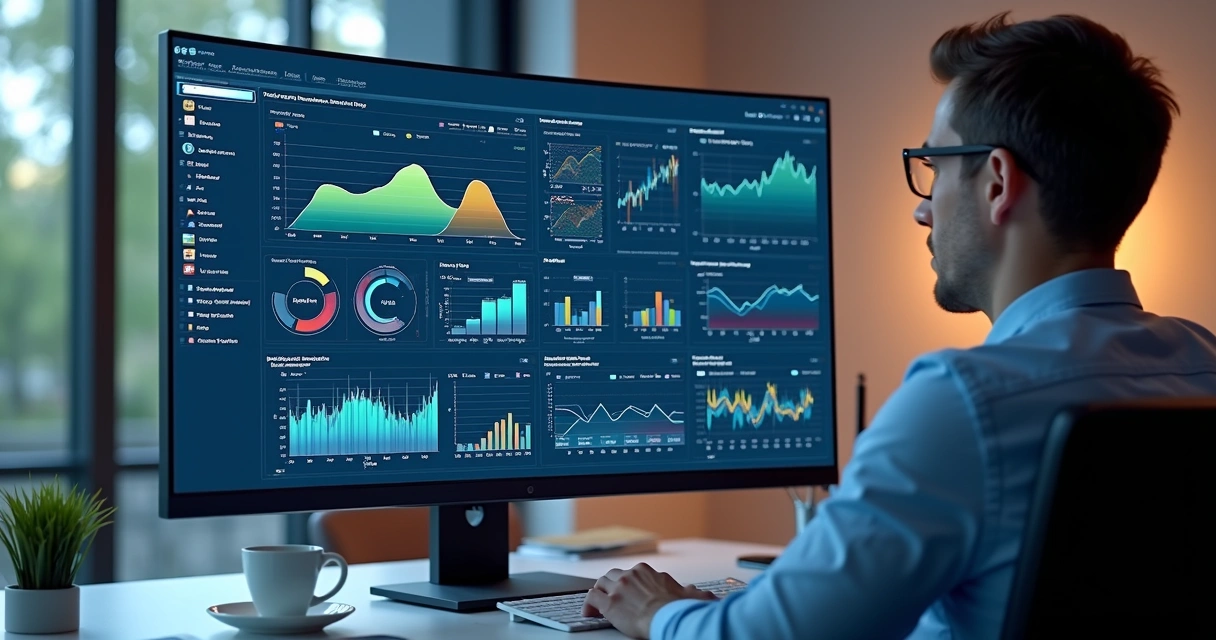 Profissional analisando gráficos em tela de computador 