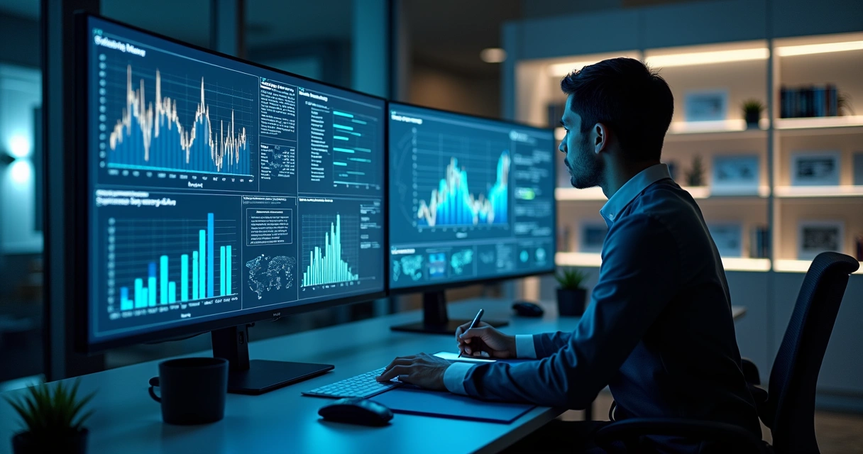 Monitor exibindo gráficos e dados analisados por IA 