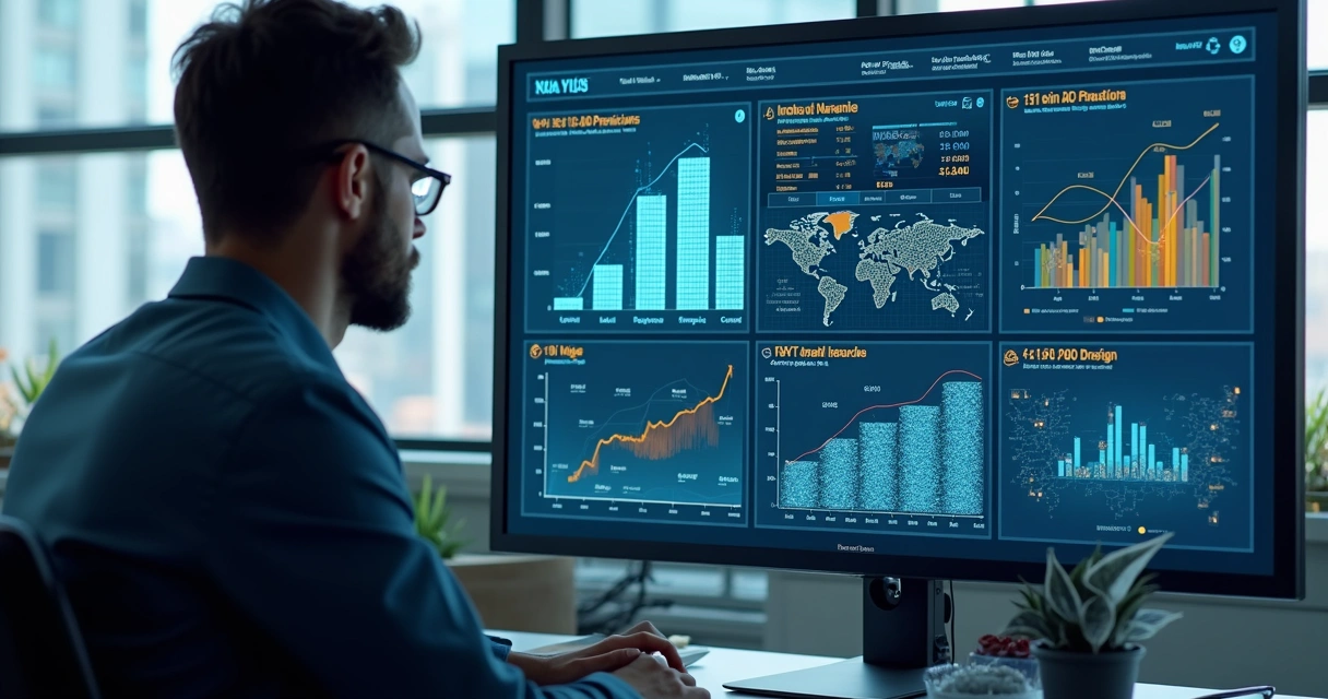 Analista interagindo com interface de IA para imóveis
