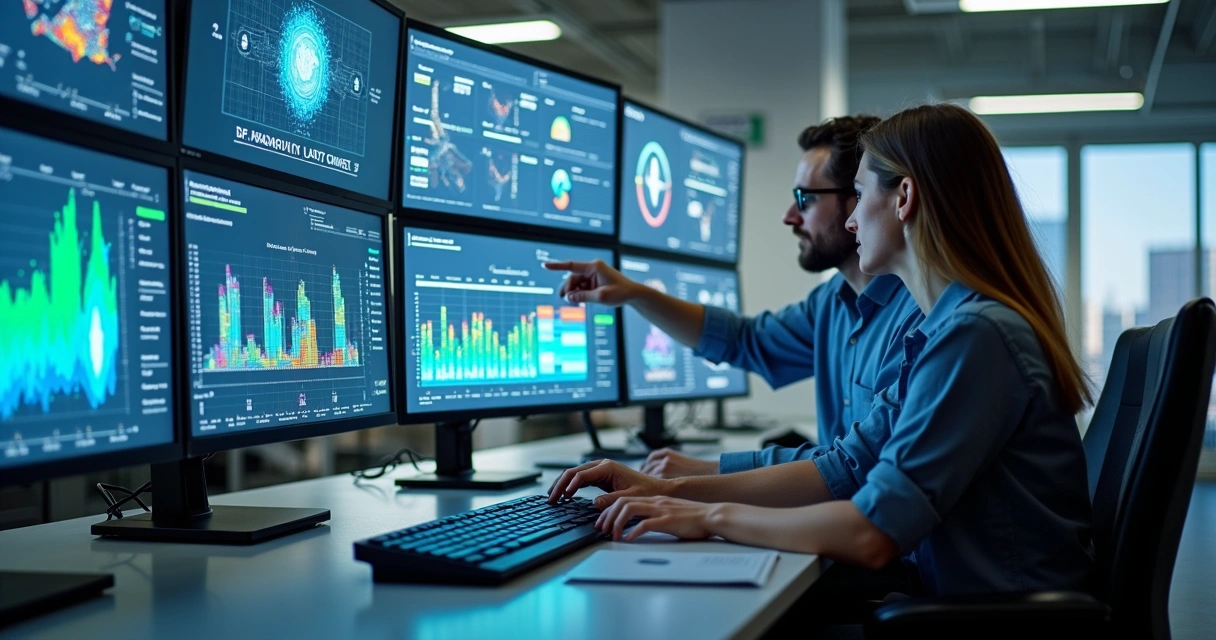 Telas de análise de dados com gráficos e mapas de calor em fábrica de alimentos 
