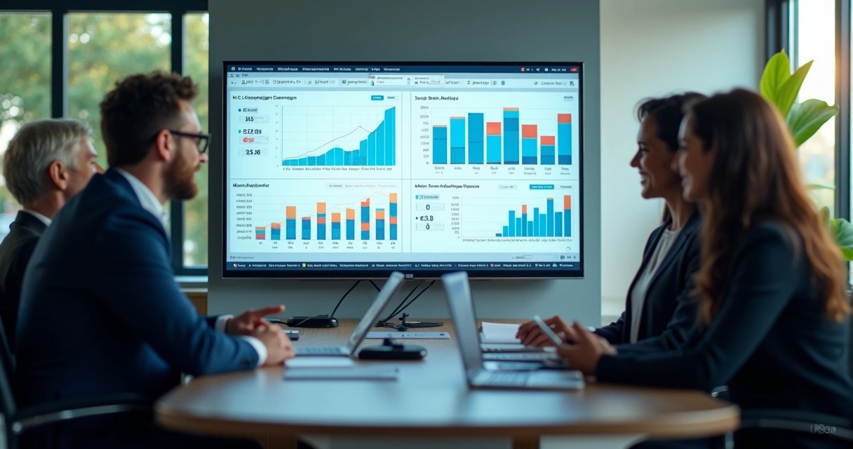 Painéis com gráficos e mapas interativos sendo analisados por especialistas de marketing 