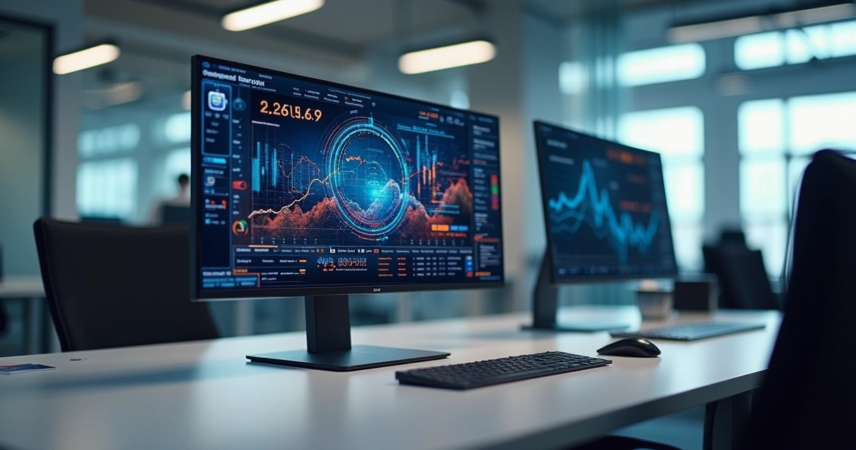 Tela de computador mostrando análise de dados operacionais com gráficos e inteligência artificial 