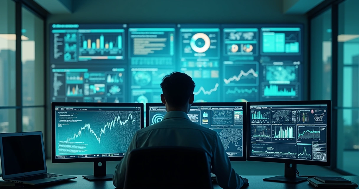 Analista monitorando dashboards de IA e segurança de dados 