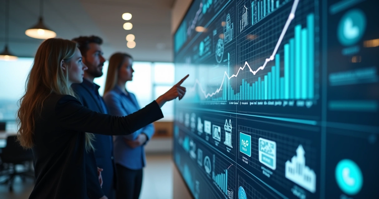 Profissionals analisando dados em tela digital sobre vendas e atendimento por WhatsApp 