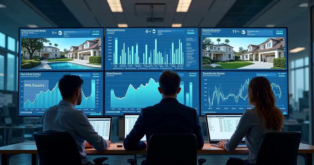 Tela digital com gráficos e dados imobiliários analisados em tempo real