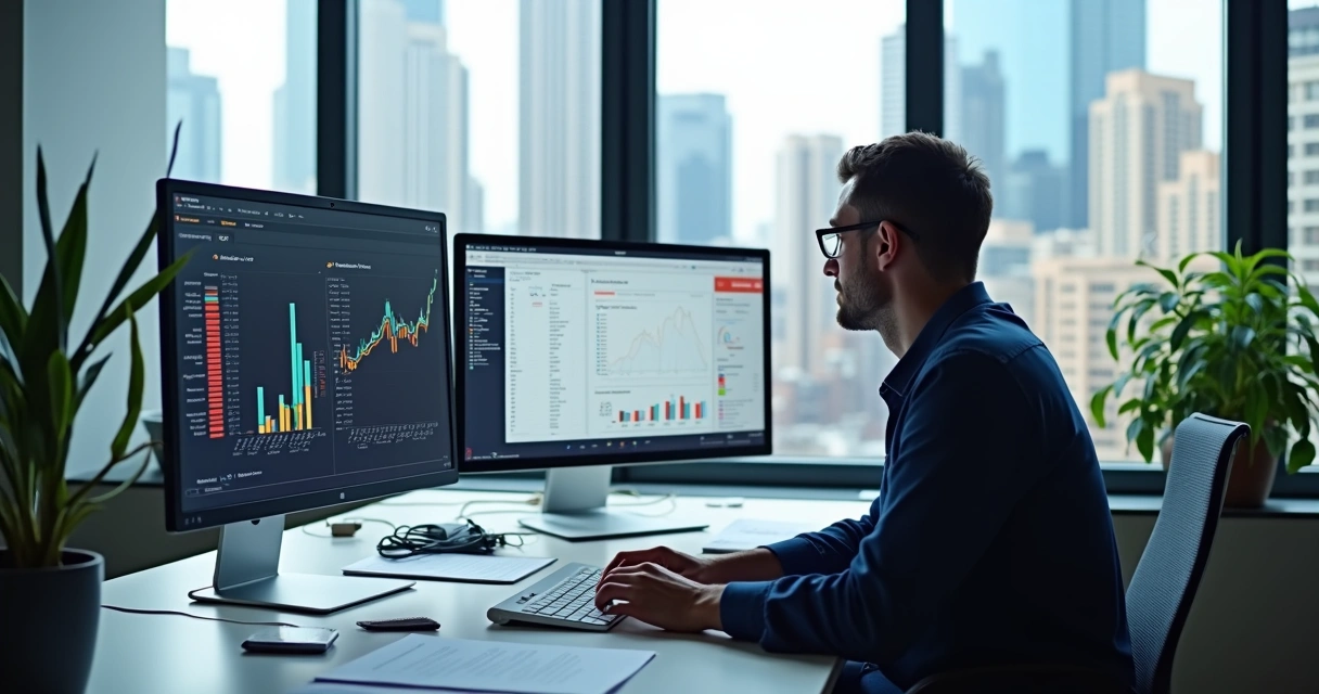 Analista revisando base de dados de imóveis com gráficos na tela 