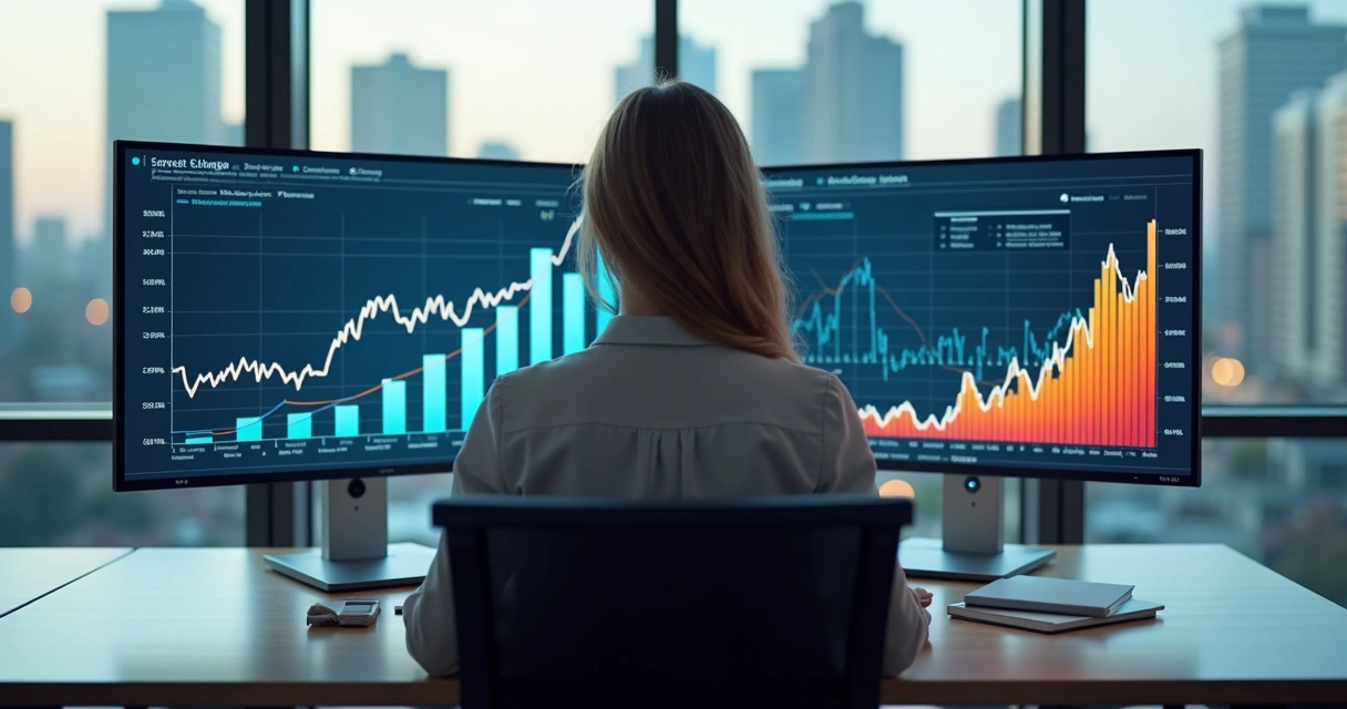 Corretora de imóveis analisa painéis digitais e gráficos de tendências imobiliárias 