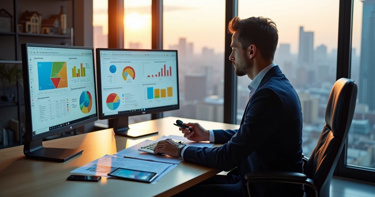 Corretor de imóveis analisando gráficos de dados de leads 