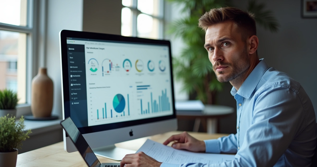 Analista conferindo dados imobiliários com gráficos e documentos sobre a mesa 