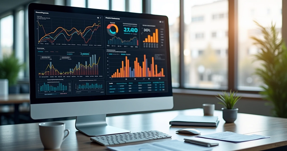 Computador exibindo gráficos detalhados de análise de dados empresariais com indicadores financeiros em fundo de escritório moderno 