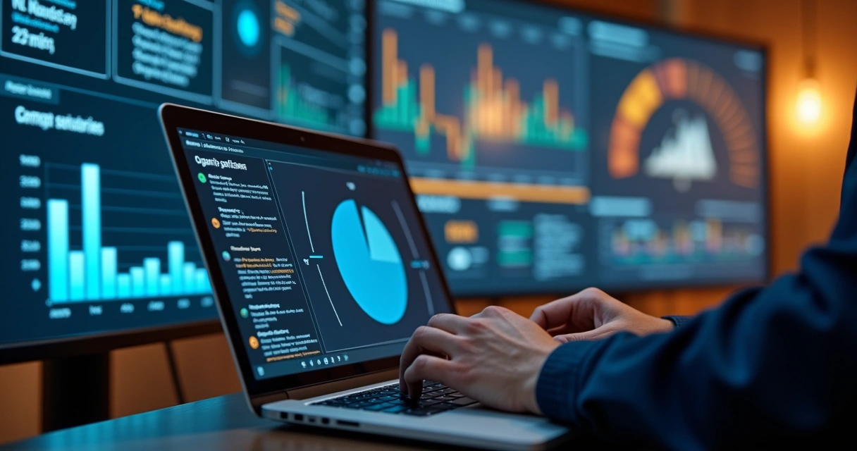 Painel de dados industriais com gráficos, indicadores e engenheiro analisando tendências. 