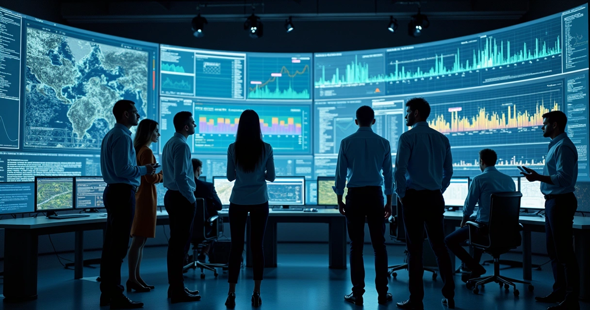 Profissionais analisando gráficos industriais em telas digitais 