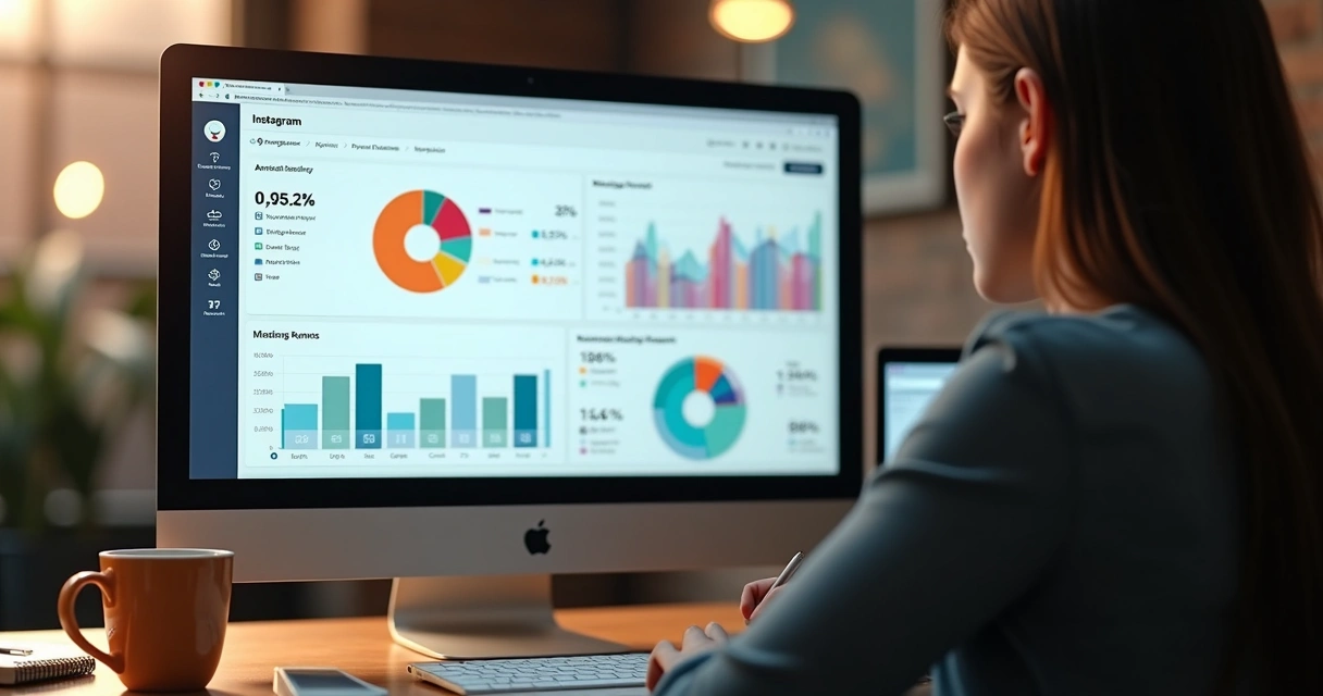 Empresário analisando gráficos de desempenho no Instagram na tela do computador 