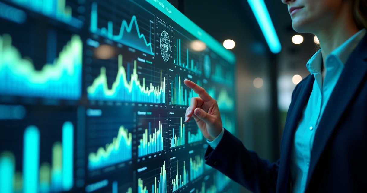 Painel digital de gráficos de IA e automação sendo analisado 