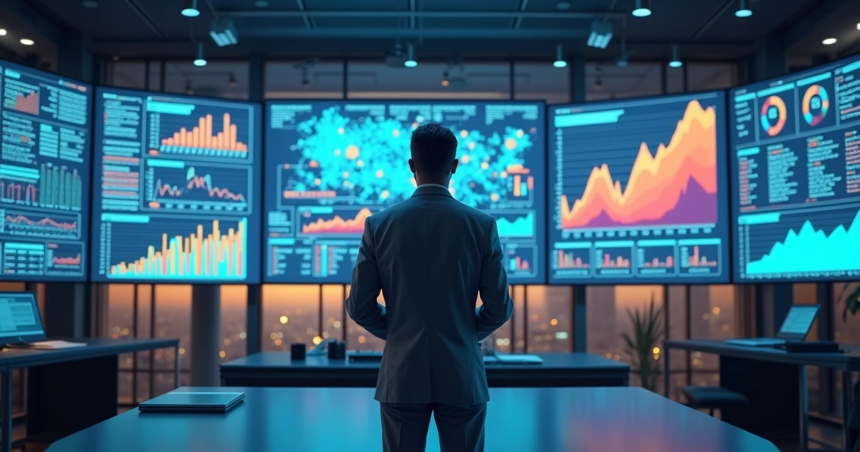 Profissional analisando gráficos de IA em telas digitais 