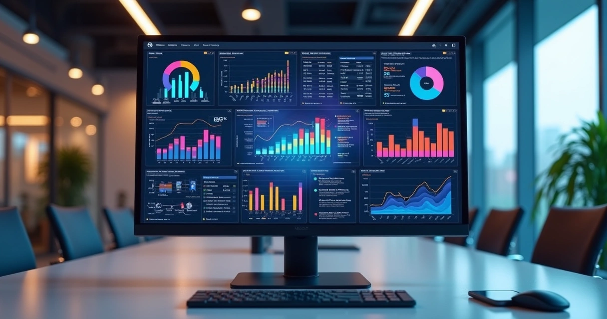 Tela de computador com gráficos coloridos e elementos visuais de análise de dados em destaque 